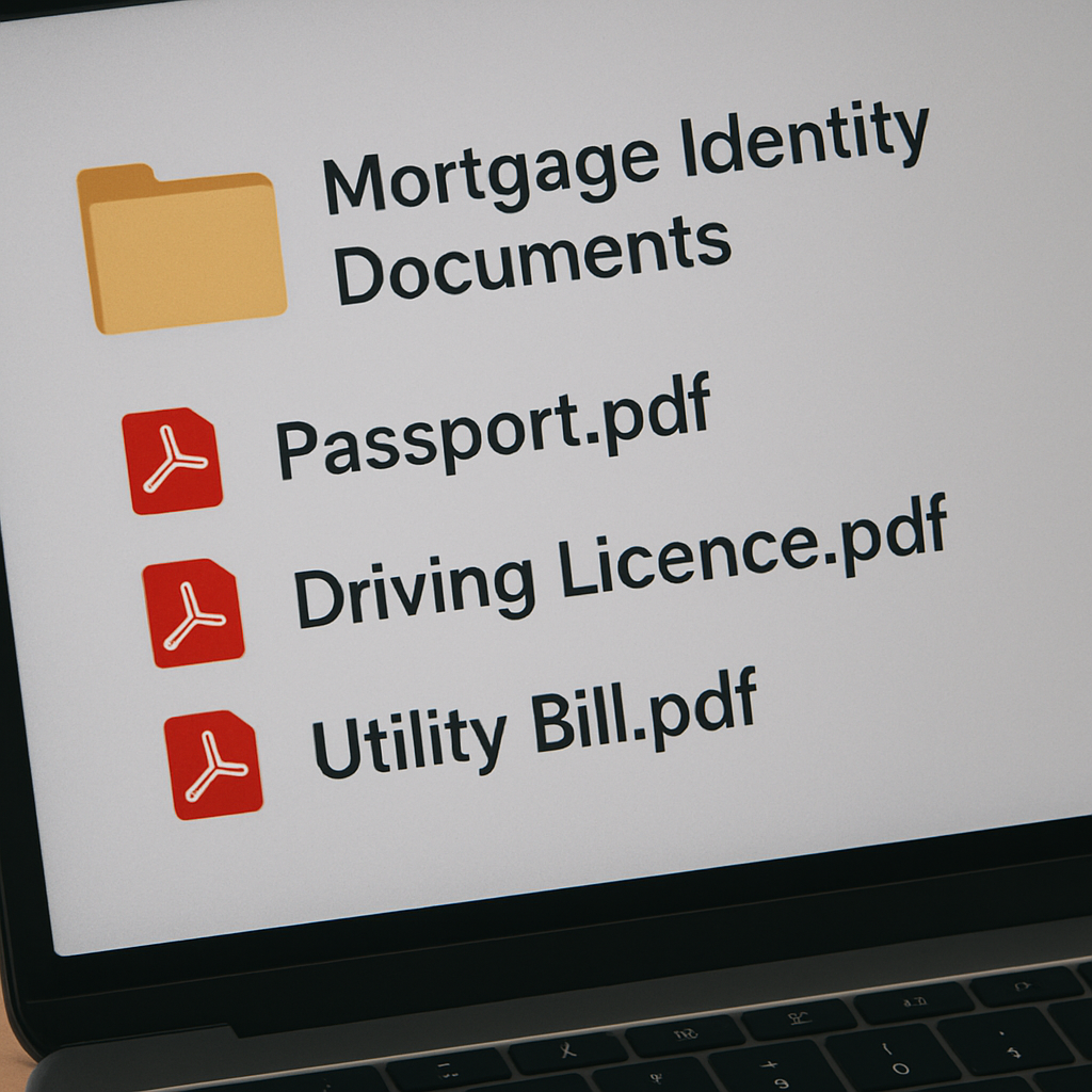 A close‑up of a neatly organized digital folder on a laptop screen, showing clearly named PDF files for passport, driving licence, and utility bill. Alt: Organized mortgage identity documents folder on computer.