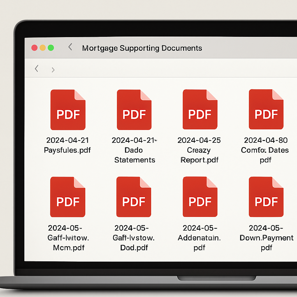 A neatly organised digital folder view on a laptop screen, showing PDFs named with dates and clear labels like “2024‑05‑Gift‑Letter‑Mom.pdf”. Alt: “Organised mortgage supporting documents folder for quick upload”.