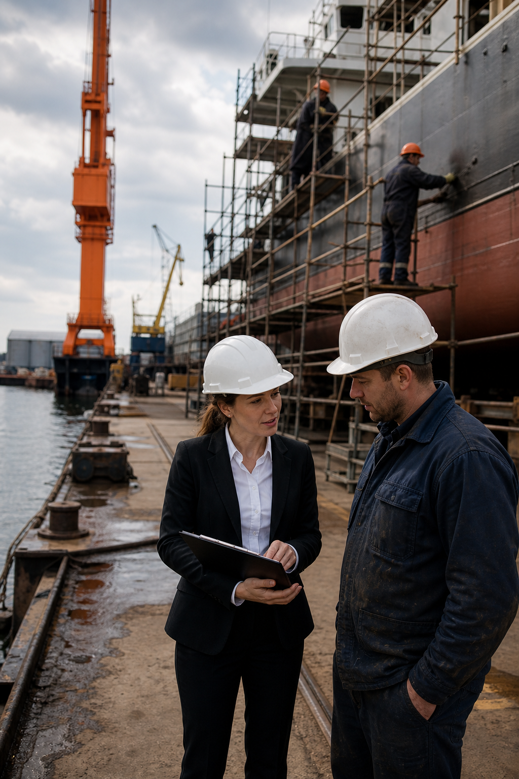 A photorealistic scene of a shipyard with workers repairing a vessel, and a lawyer in a hard hat speaking with a client near the dock. Alt: Maritime lawyer consulting with a worker at shipyard.