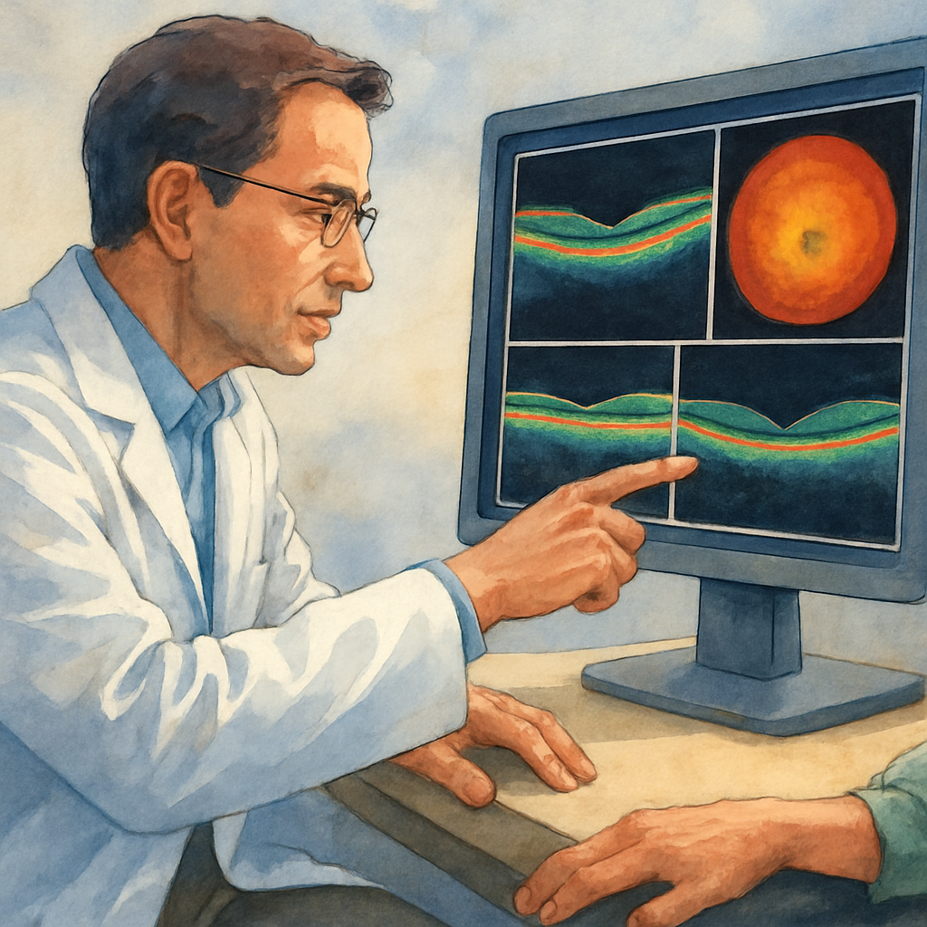 A close‑up view of a retina specialist reviewing OCT images on a screen, with a patient’s hand resting on the exam chair. Alt: Retina specialist diagnosing retinal conditions using OCT imaging