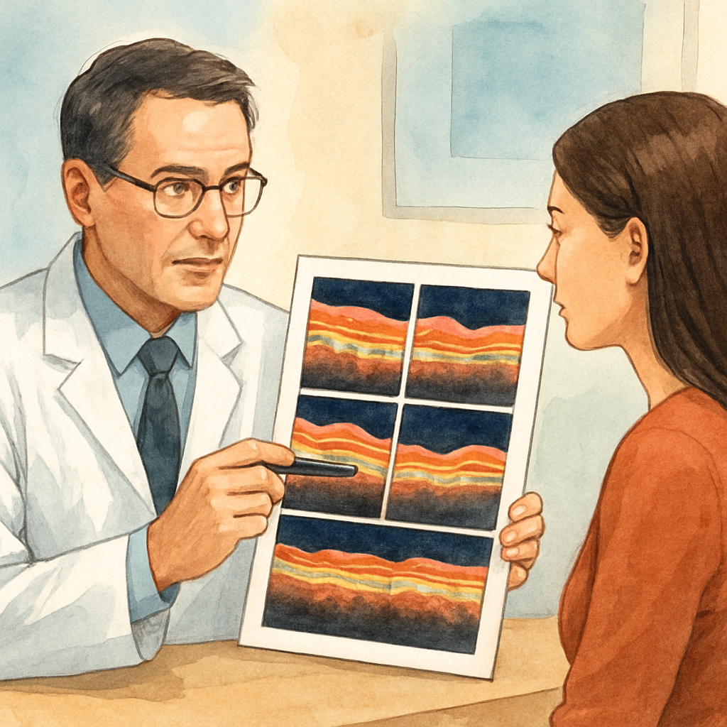 A retina specialist reviewing OCT scans with a patient, showing detailed retinal layers and possible fluid pockets. Alt: retina specialist referral criteria visual guide.
