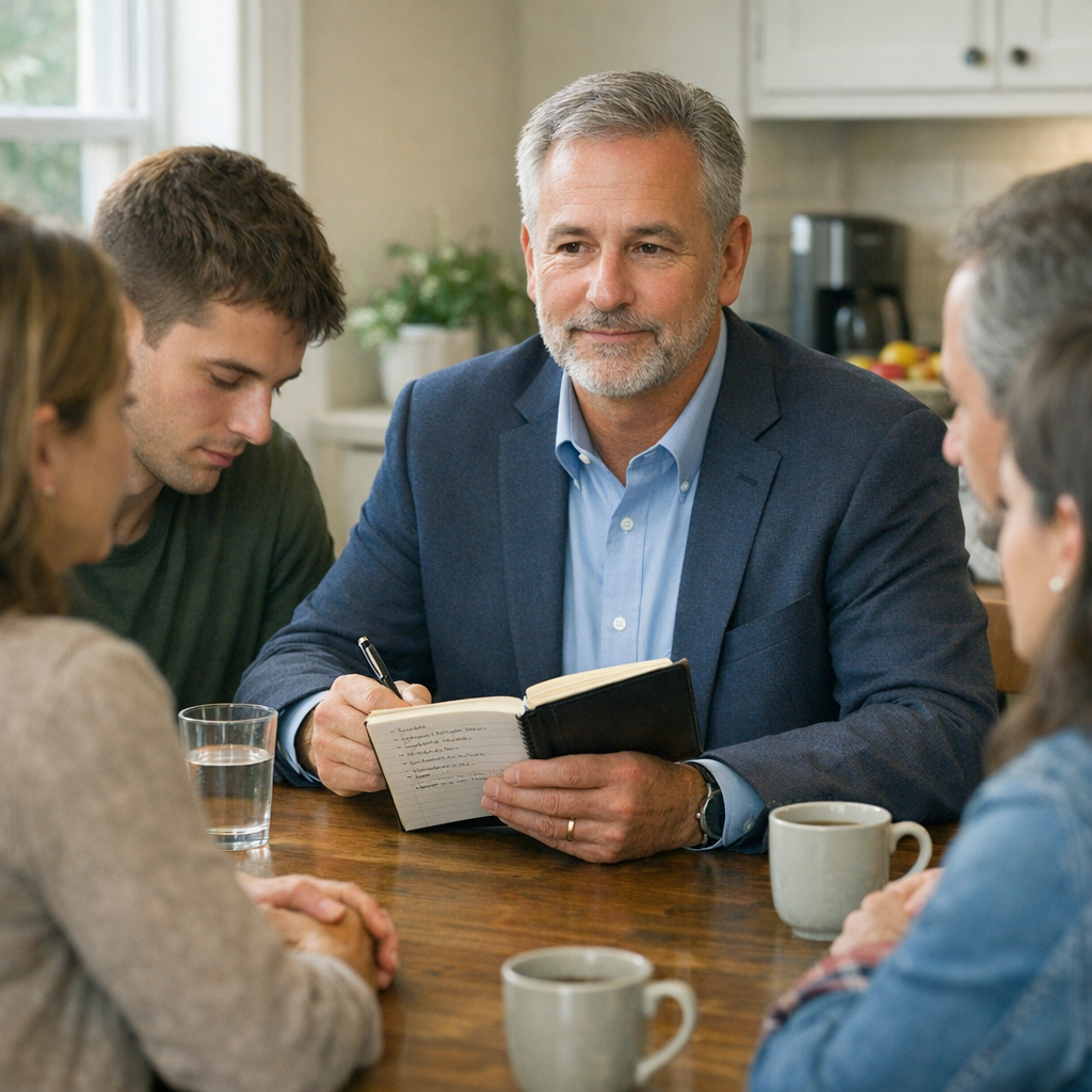 A photorealistic scene of a compassionate interventionist sitting at a kitchen table with a family, calmly holding a notebook of concrete facts while a calm, neutral atmosphere is maintained. Soft natural lighting, realistic expressions, and a sense of supportive focus. Alt: Interventionist guiding a family conversation with empathy and structure.