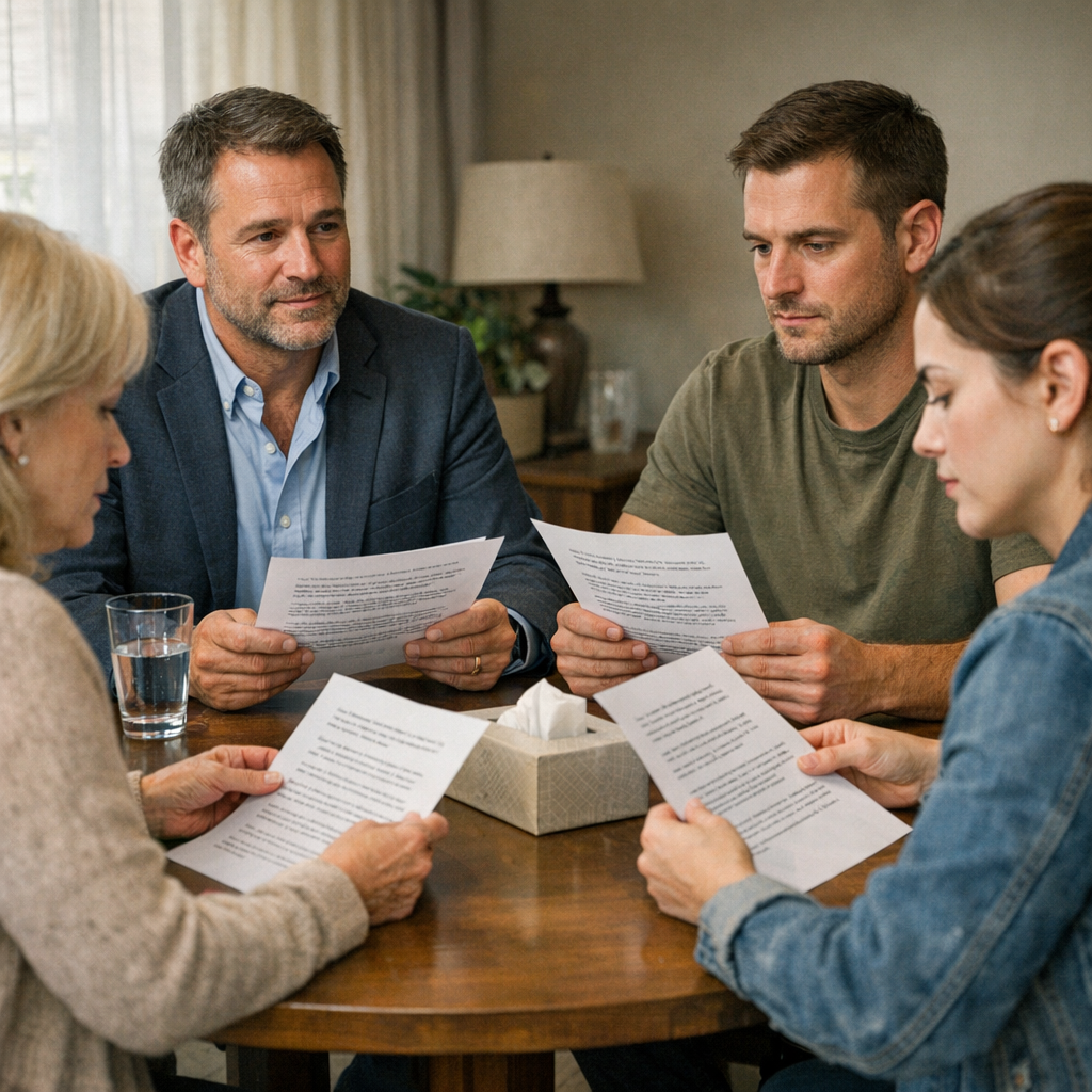 A photorealistic scene of a compassionate interventionist sitting at a round table with family members, each holding a printed fact‑based script, soft natural lighting, realistic expressions showing empathy and focus.