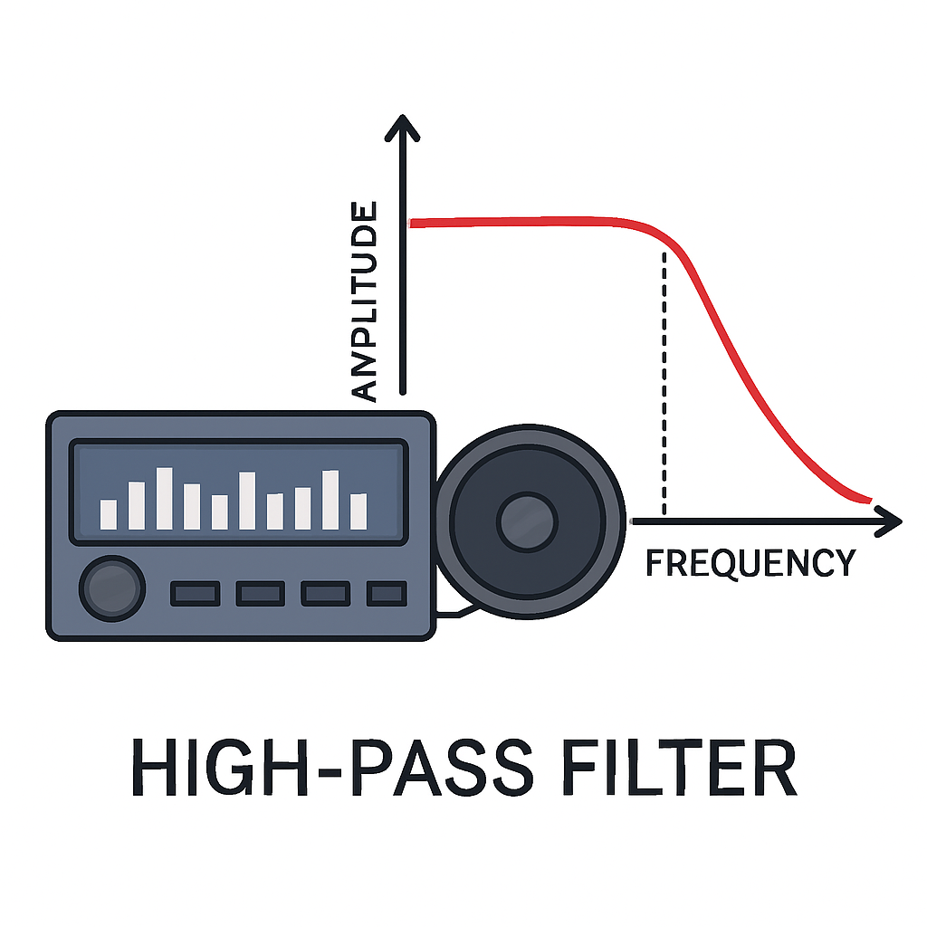 A visual representation of a car audio system with a frequency graph showing the high‑pass filter slope cutting off low frequencies. Alt: high pass filter definition car audio
