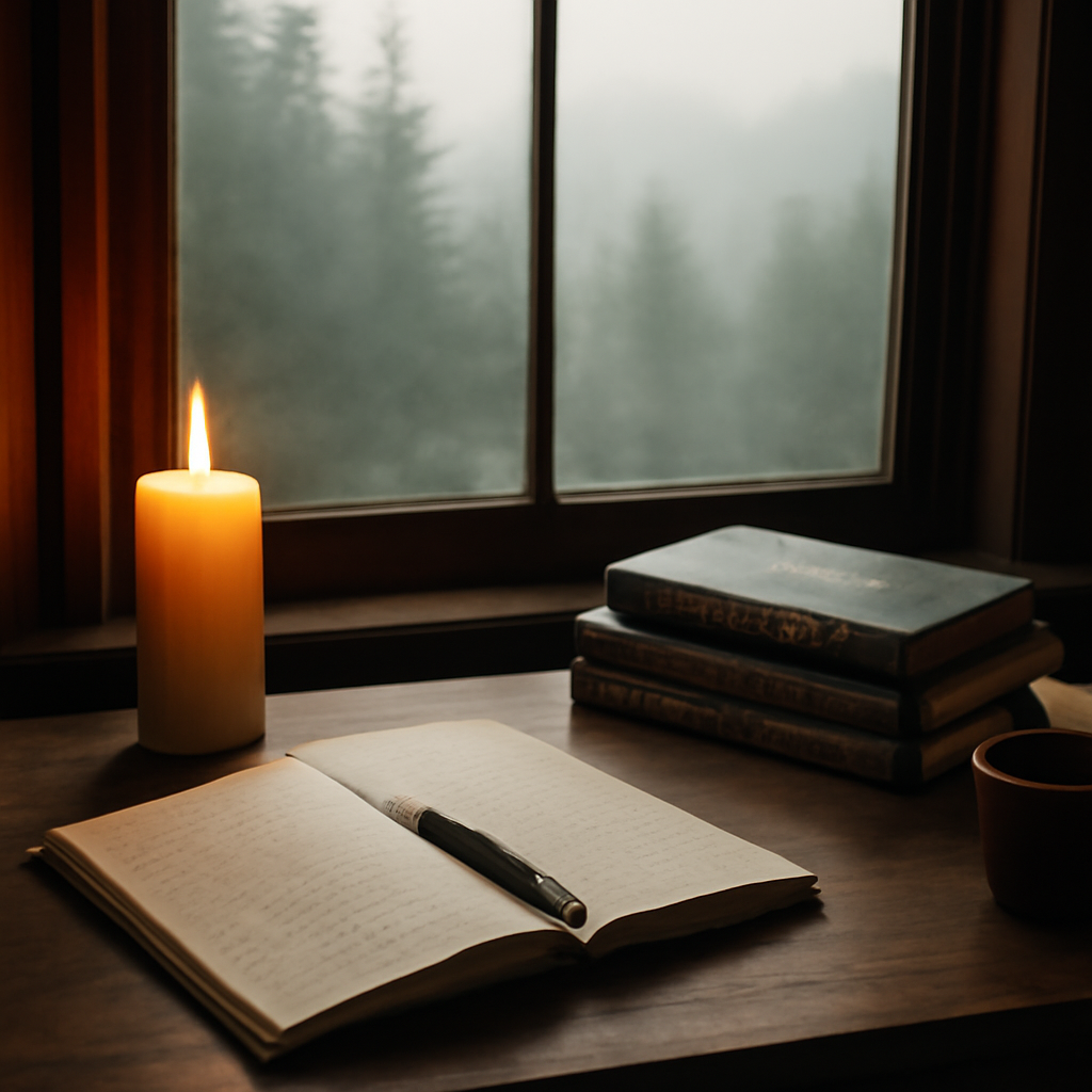 A serene morning scene with a small wooden desk, a candle, a journal, and a window overlooking a misty forest. Alt: Morning spiritual reflection space