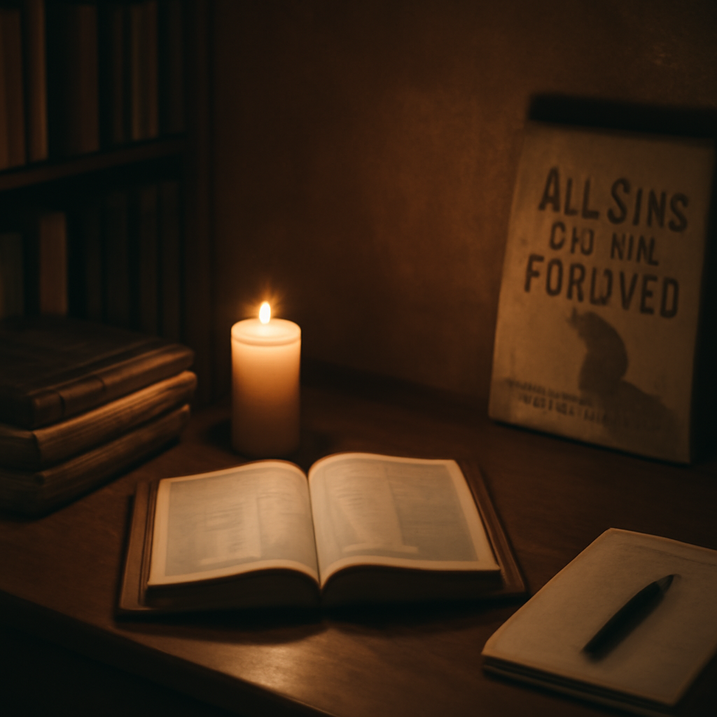 A quiet study nook with a candle, an open Bible, and a notebook. Alt: Spiritual reflection space.