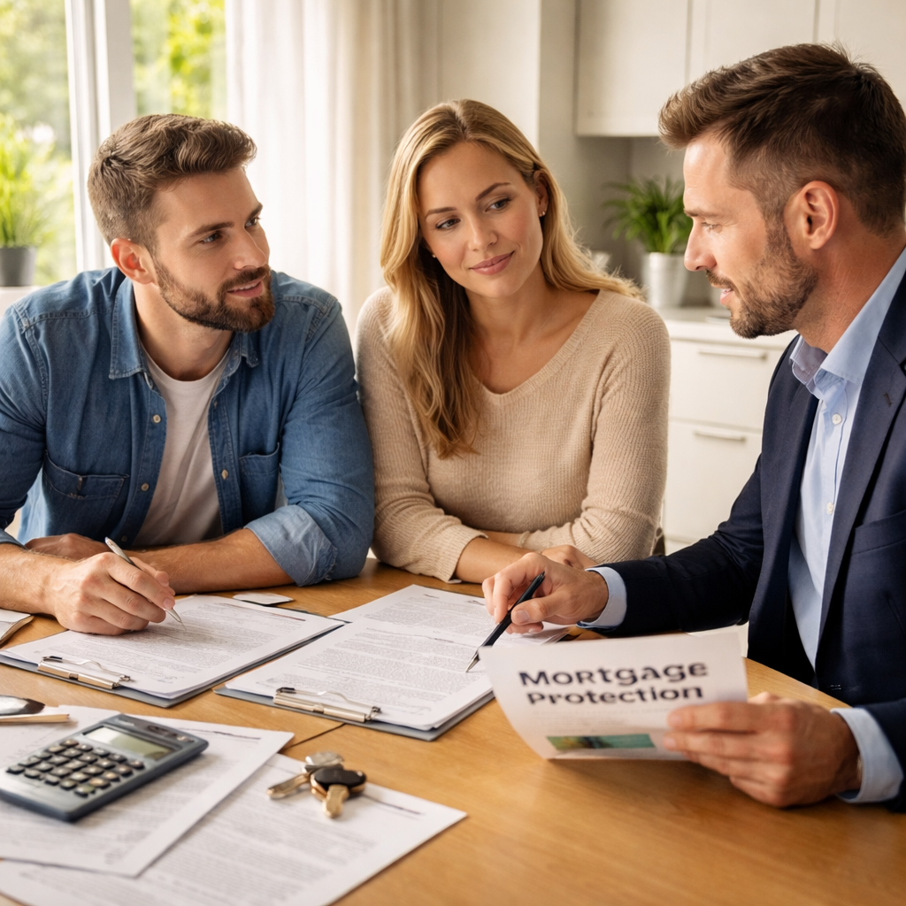 A photorealistic scene of a homeowner discussing mortgage protection with a licensed advisor at a kitchen table, with documents and a calculator, natural daylight through a window. Alt: Realistic home mortgage protection planning scene.