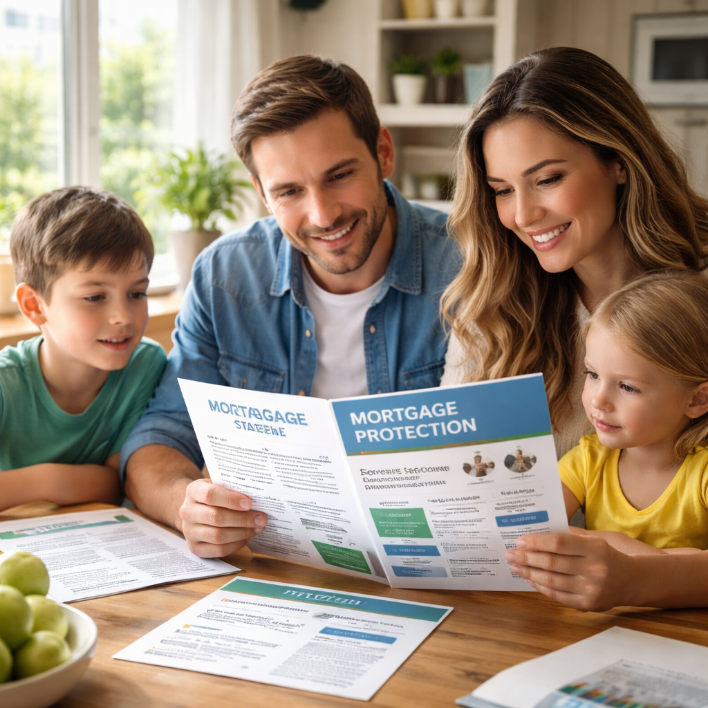 A photorealistic scene of a family at a kitchen table reviewing a mortgage statement and an insurance brochure, natural daylight streaming through a window, the brochure highlights coverage options and riders, Alt: Detailed view of mortgage protection coverage options for families