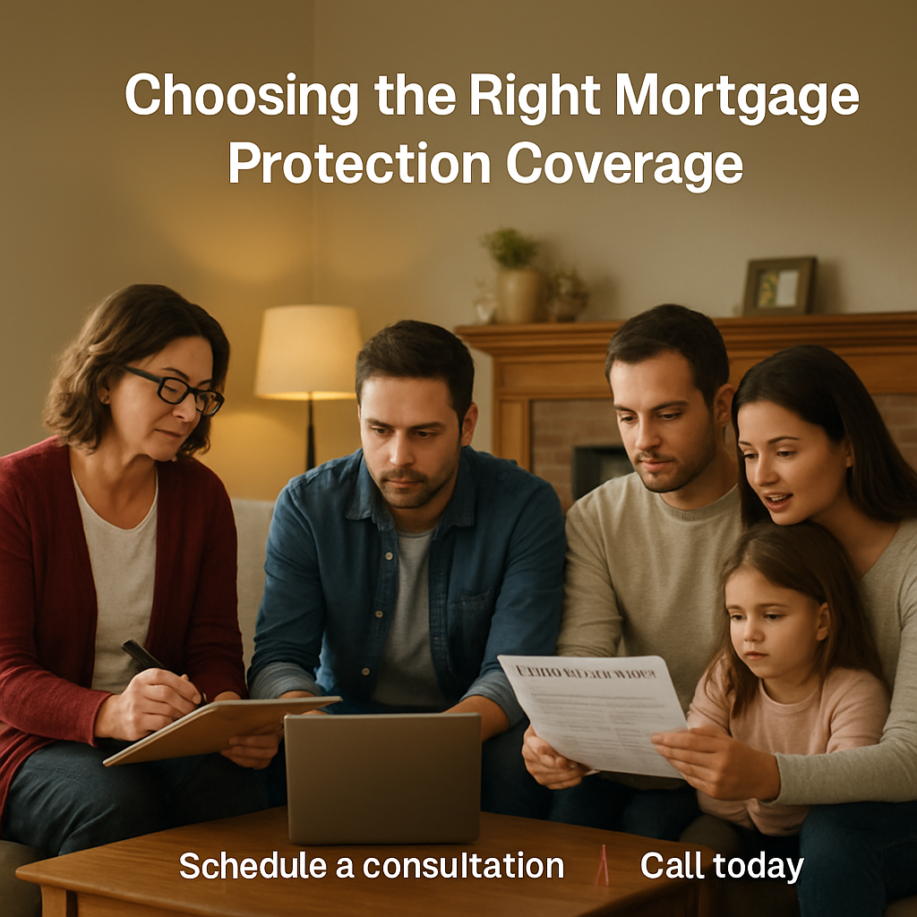 A warm living room with a teacher reviewing mortgage protection paperwork, a small business owner looking at a laptop, and a family reviewing a mortgage statement. Alt: Choosing the right mortgage protection coverage for homeowners, teachers, and small business owners.