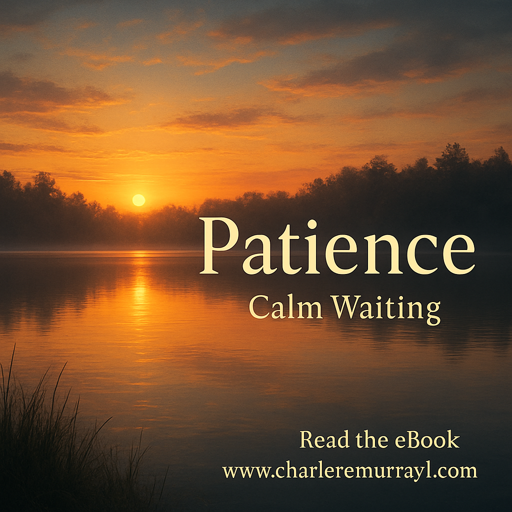 A peaceful sunrise over a quiet lake, symbolizing calm patience and divine timing. Alt: Biblical patience sunrise calm waiting.