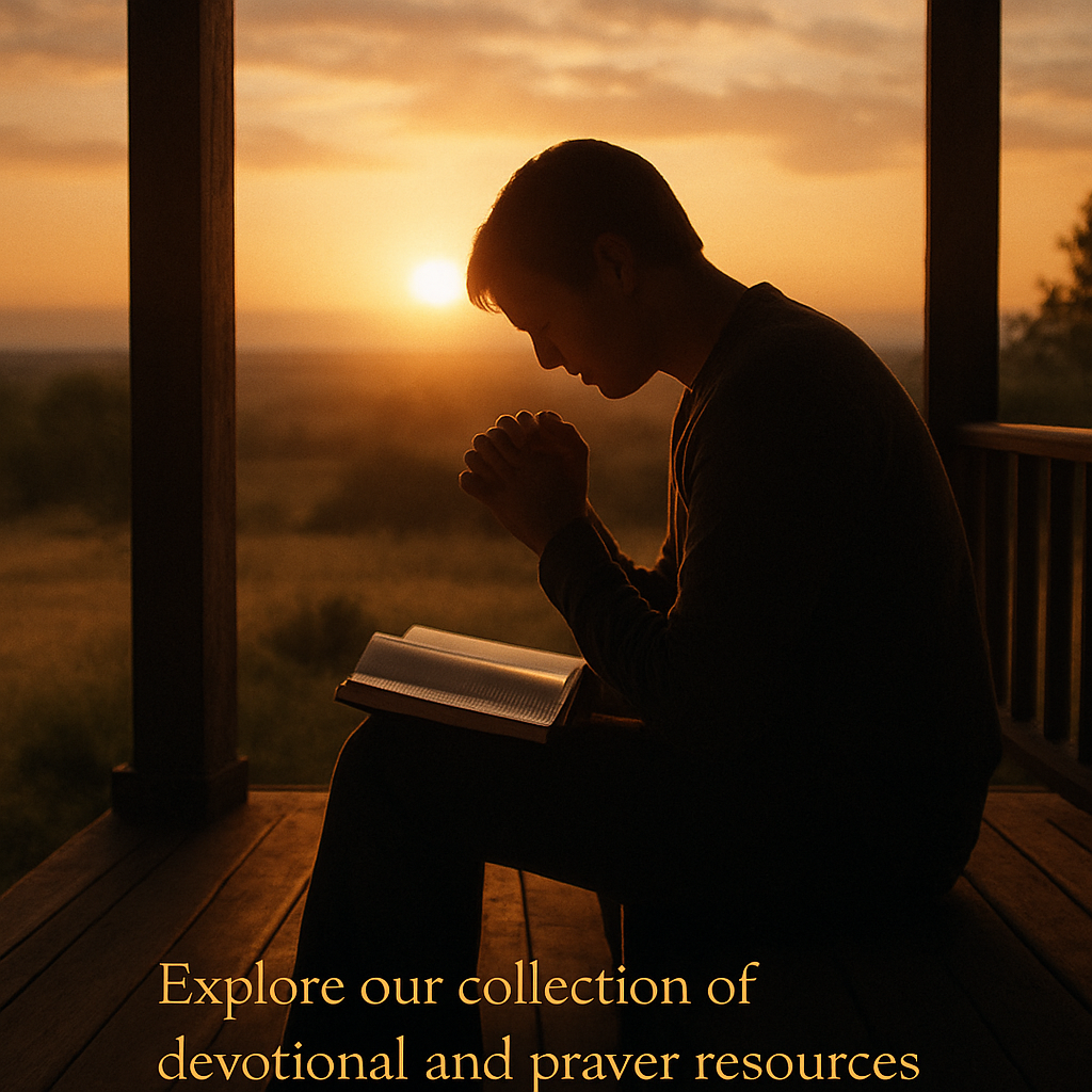 A serene scene of a person sitting on a porch at sunrise, holding a journal, with gentle light symbolizing prayer. Alt: Person journaling while praying at sunrise.