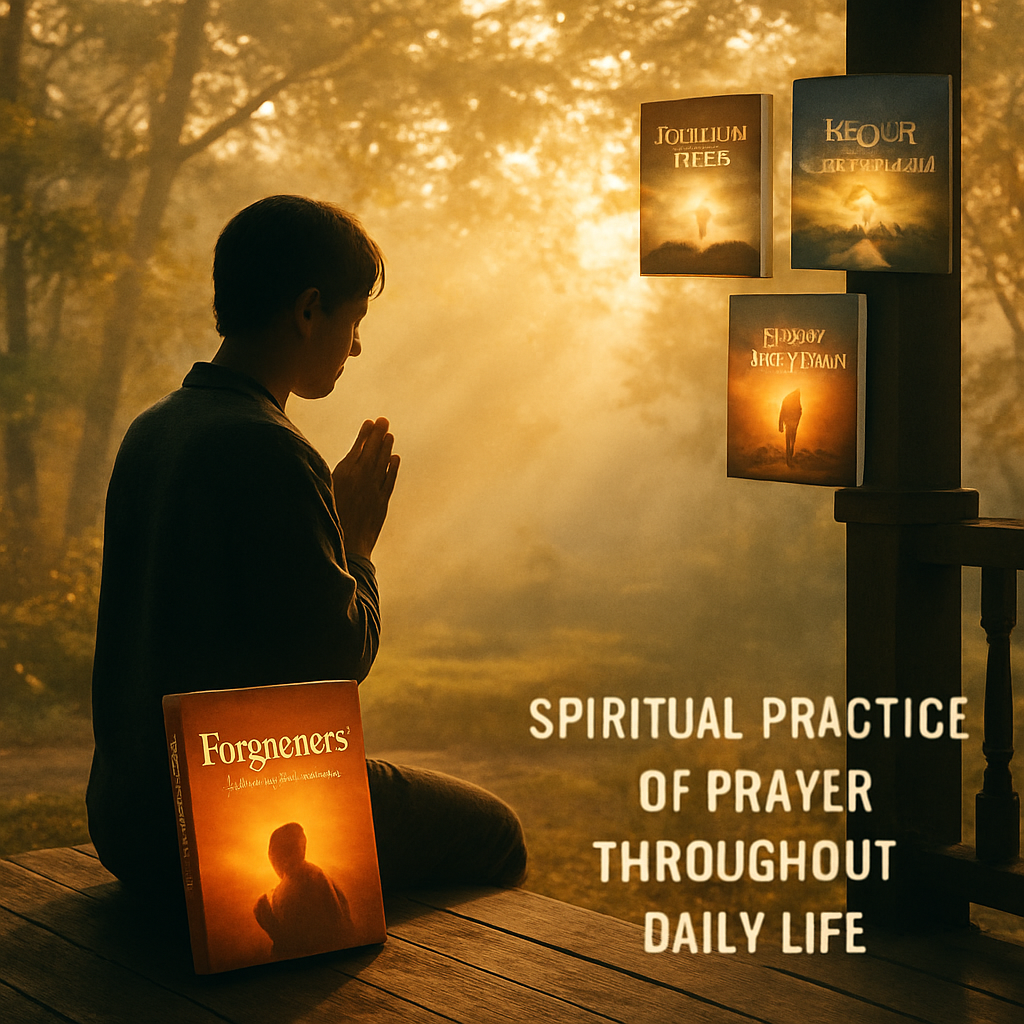 A tranquil morning scene with a person sitting on a porch, hands folded in prayer, soft sunlight filtering through trees. Alt: Spiritual practice of prayer throughout daily life.
