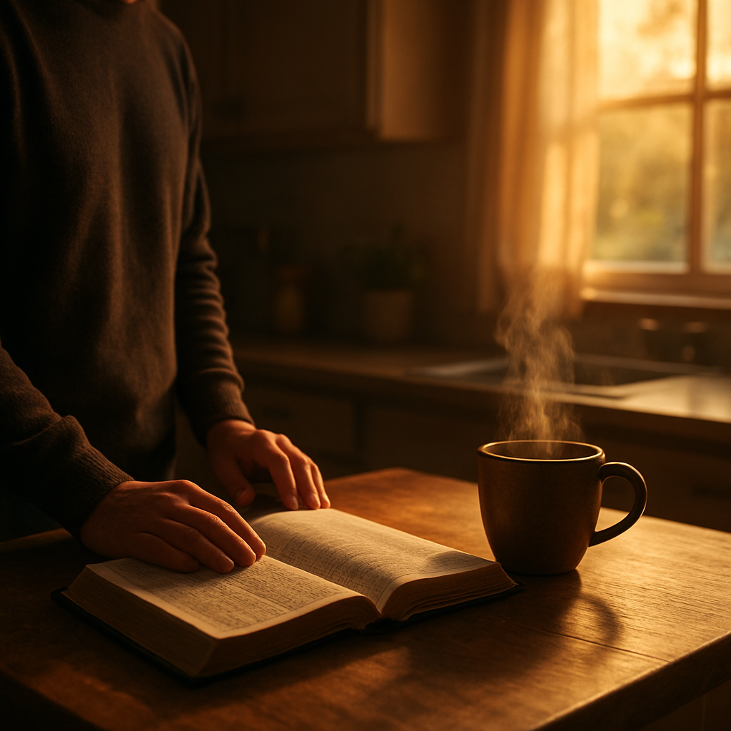 A Cinematic scene showing a person pausing at a kitchen counter, a Bible open beside a steaming mug, warm morning light spilling across a calm space. The scene centers burnout relief through scripture and everyday rhythm. Alt: Daily rest with scripture in a warm, home setting.