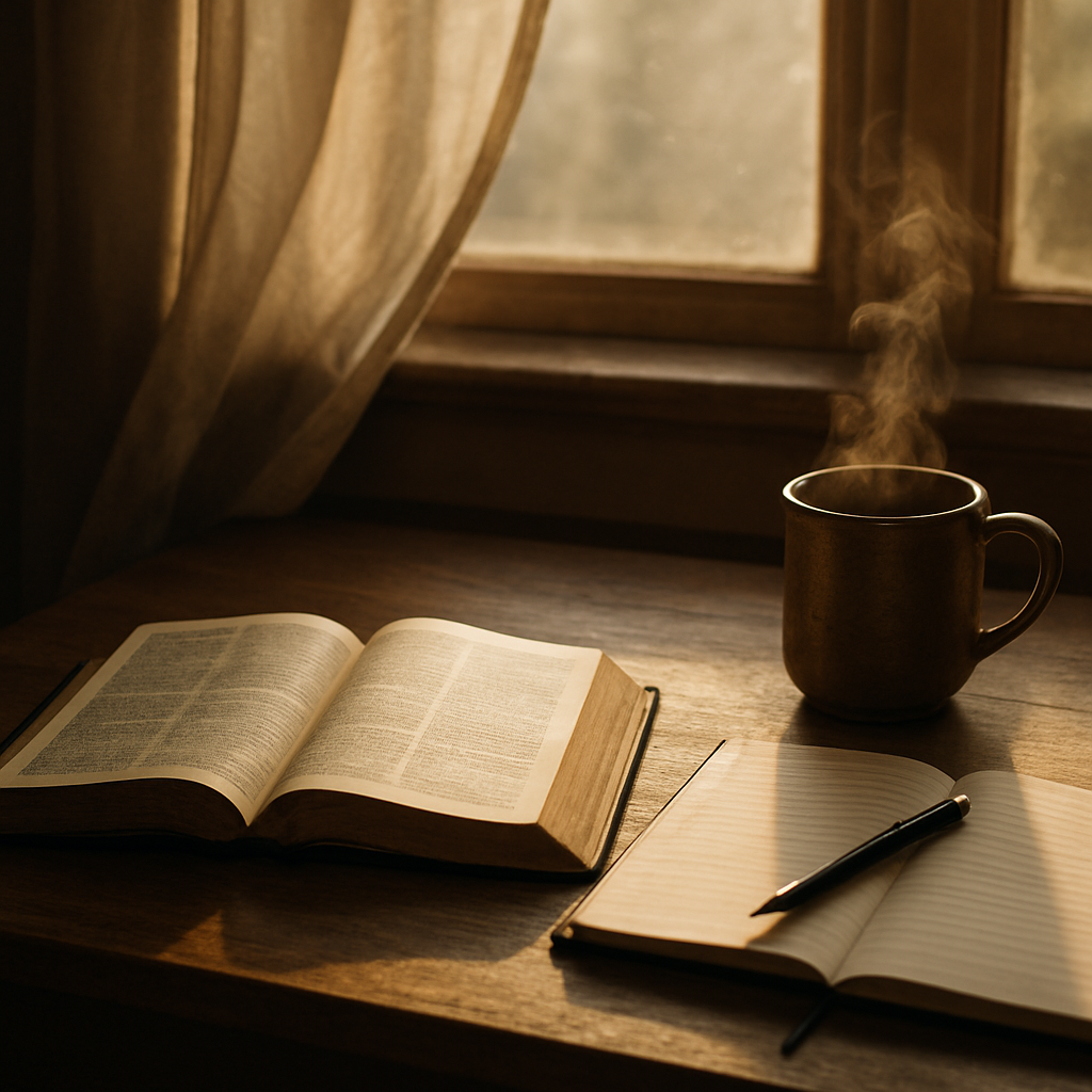 A Cinematic, photorealistic morning study space: warm light spills across a wooden desk, an open Bible rests beside a notebook, and a steaming mug sits nearby. A light breeze moves a curtain, signaling fresh air entering a tired day. Alt: Cinematic cozy morning Bible study for renewal.