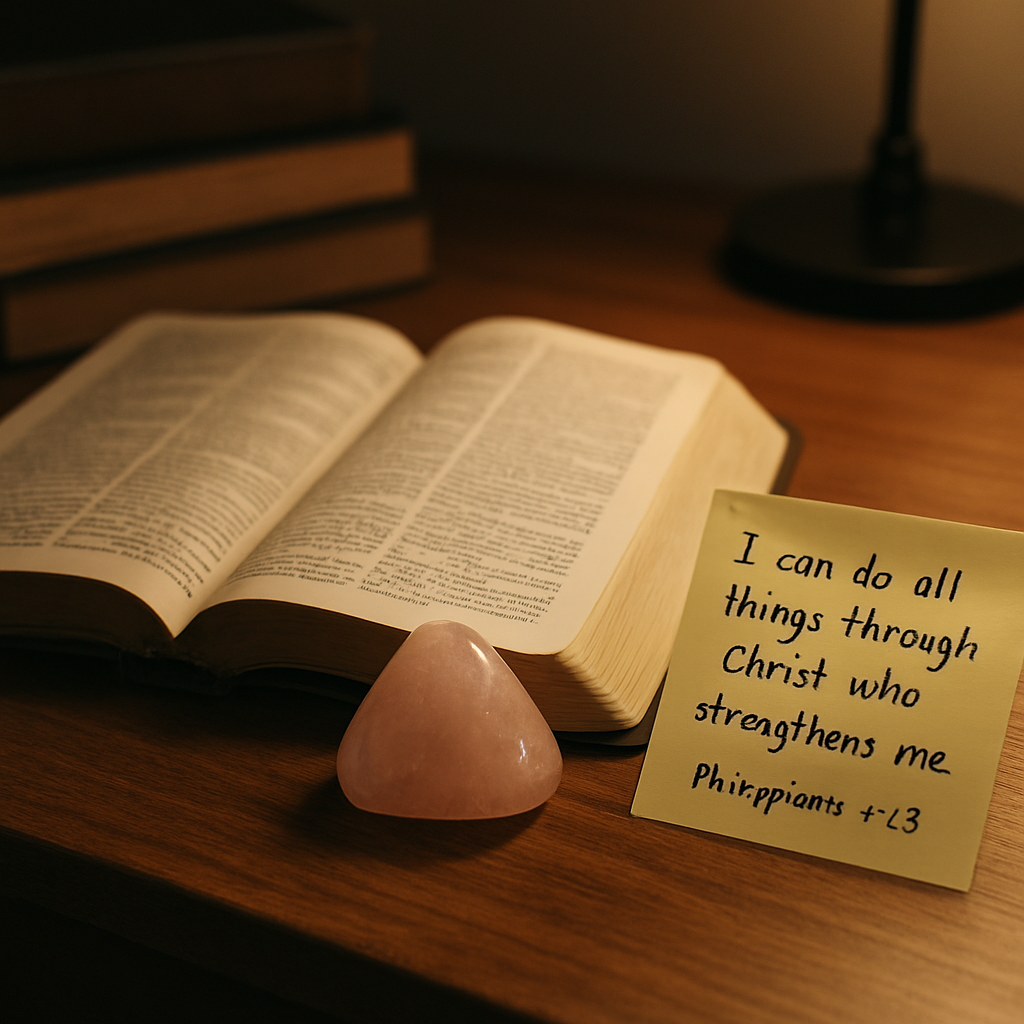 A serene study desk with an open Bible, a smooth rose quartz crystal, and a sticky note with Philippians 4:13 written on it. Alt: Bible study with crystal reminder and Scripture verse.