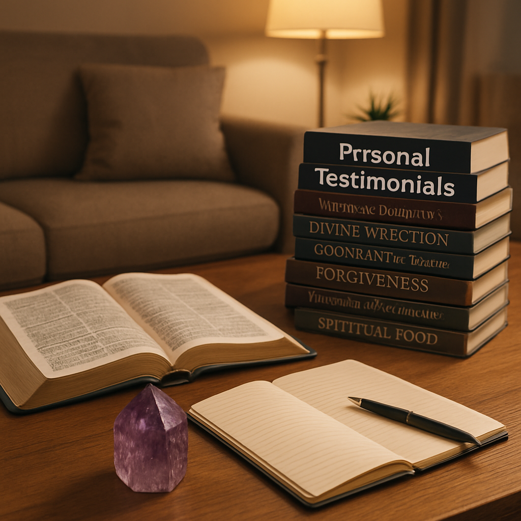 A cozy home counseling setting with a crystal, open Bible, and a notebook. Alt: Personal testimonies Christian counseling crystals.