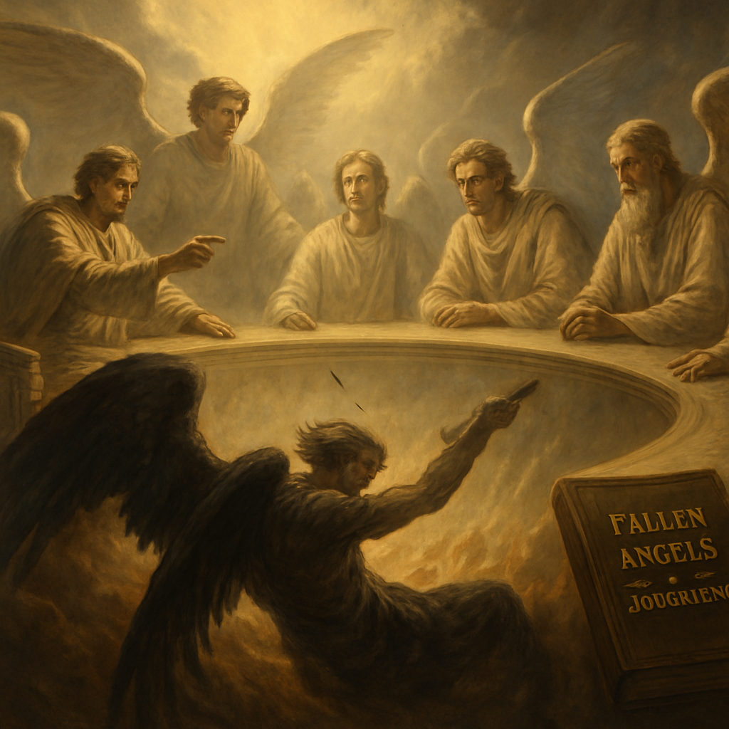 A detailed illustration of angels in a heavenly council, with one angel falling, symbolizing the rebellion. Alt: fallen angels scriptural study illustration