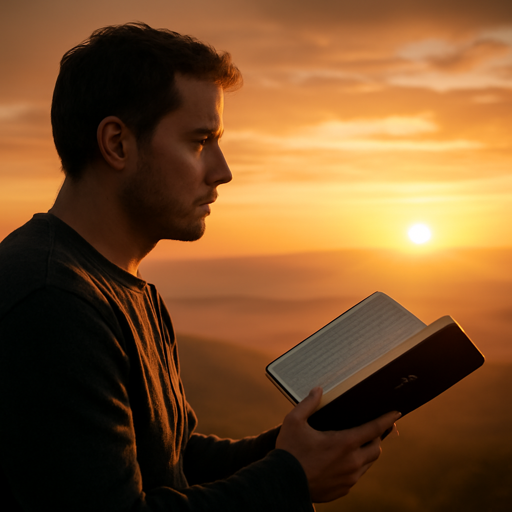 A person thoughtfully holding a Bible while looking at a sunrise, symbolizing reflection and new understanding. Alt: reflective Bible study at sunrise