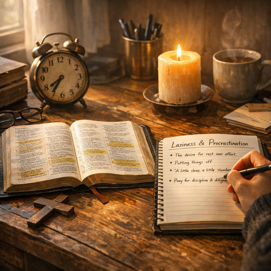 A Cinematic, photorealistic study room scene showing a Bible open on a wooden desk, soft morning light, a person journaling about laziness and procrastination, with a clock and candle. Alt: Bible study on laziness and procrastination in a cozy study setting.