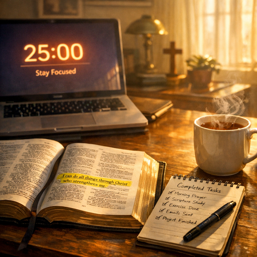 A cinematic scene of a sunlit home office, a Bible open to a highlighted verse, a timer glowing on a laptop screen, and a handwritten list of completed tasks beside a steaming cup of tea, evoking quiet focus and spiritual discipline. Alt: Spiritual discipline beats procrastination.