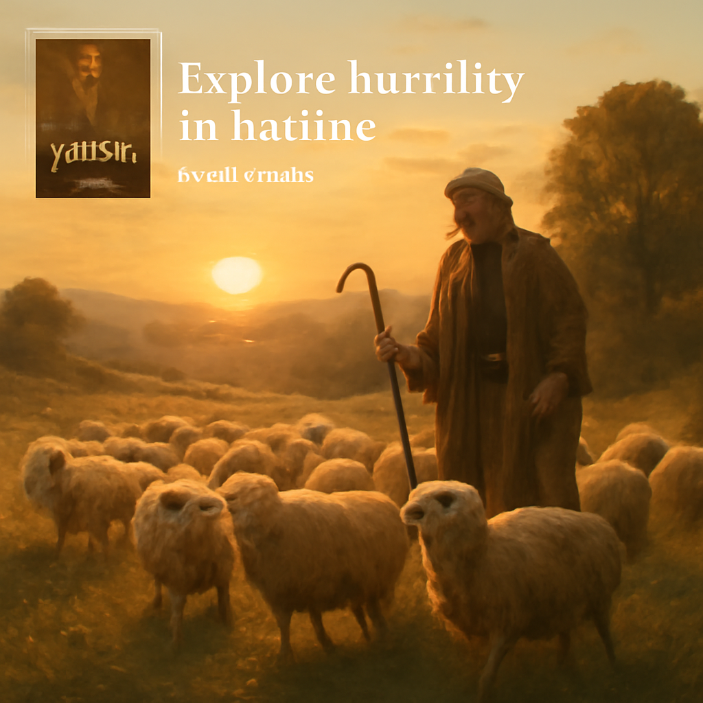 A pastoral scene of a humble shepherd guiding a flock at sunrise. Alt: Shepherd teaching humility in nature.