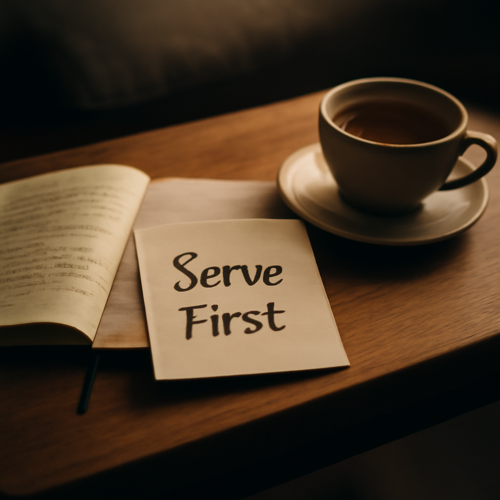 A serene coffee table scene with a notebook, a cup of tea, and a gentle reminder note titled “Serve First” written in a hand‑written font. Alt: Journal prompt for humility practice.