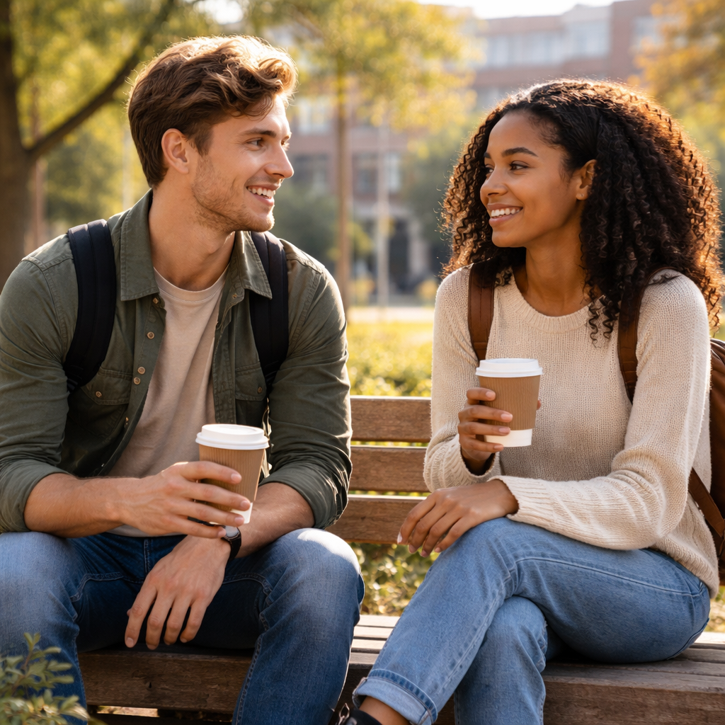 A photorealistic scene of two college students sitting on a campus bench, each holding a coffee cup, looking relaxed and chatting, with soft morning light, realistic background of trees and campus buildings. Alt: True love waits meaning modern campus conversation