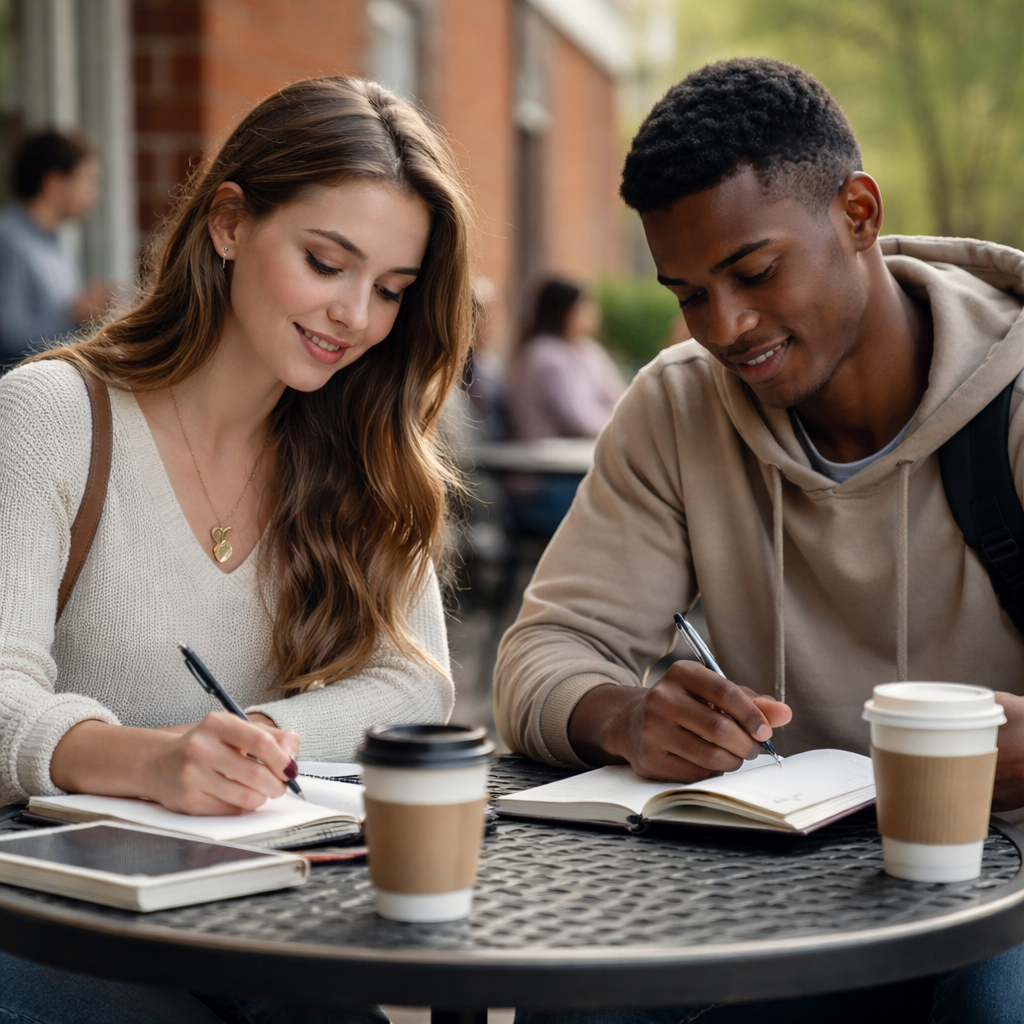 A photorealistic scene of two college students sitting at a campus café table, each with a notebook and a coffee, soft natural light, relaxed vibe, showing a pause in dating while focusing on personal growth. Alt: Young people practicing true love waits mindset in modern campus life.