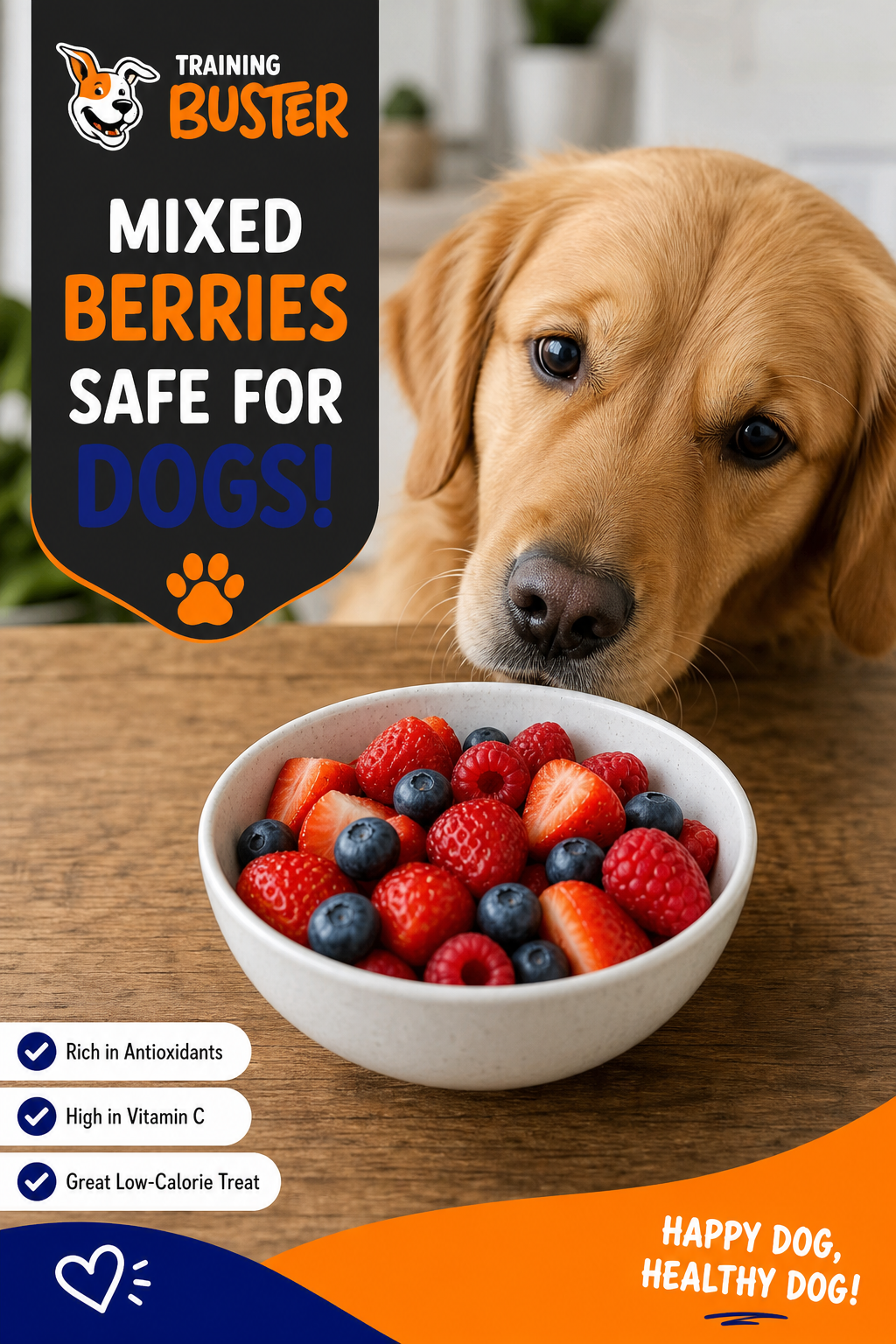 A photorealistic bowl of mixed berries (blueberries, strawberries, raspberries) on a wooden table with a dog looking at them. Alt: Mixed berries safe for dogs.