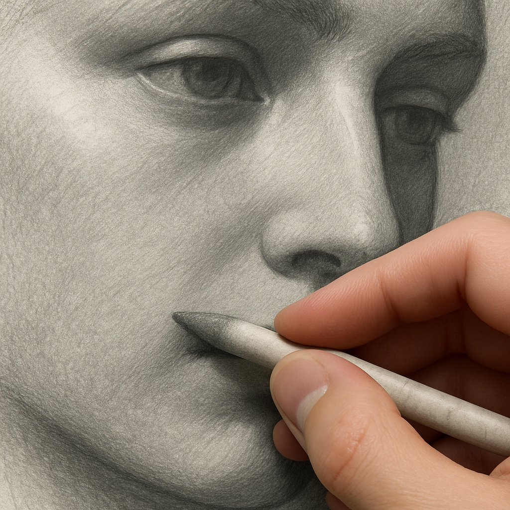 A close‑up of an artist’s hand using a blending stump to smooth a graphite shading on a sketch of a human face. Alt: blending stump smoothing graphite shading for realistic portrait.