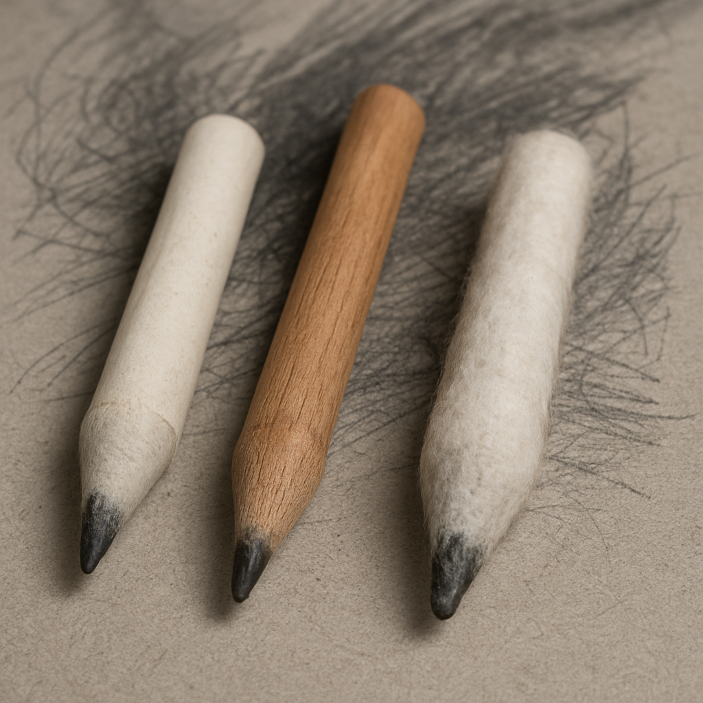 A close‑up of three blending stumps made of paper, wood, and cotton fibers laid out on a drawing table, with a graphite sketch in the background. Alt: Comparing common blending stump materials for drawing techniques.