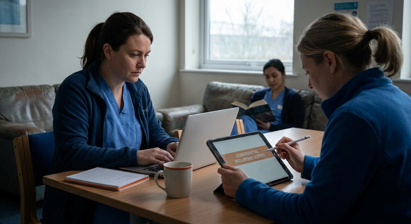 A cinematic scene of a quiet hospital break room where clinicians sit at a laptop, filling out a confidential wellbeing survey on a tablet. Alt: clinician wellbeing self‑assessment data collection in a relaxed setting.