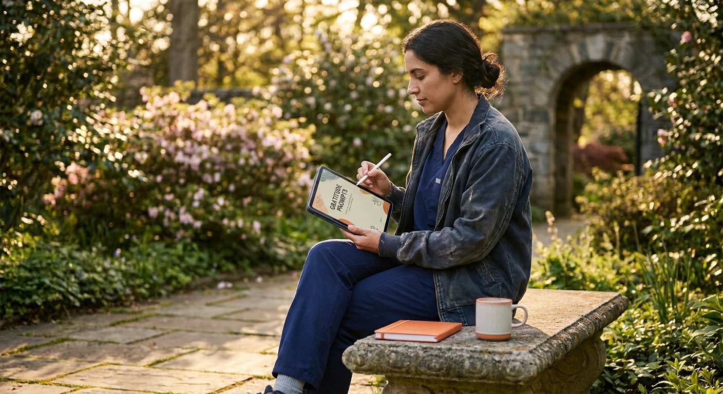 A cinematic view of a clinician sitting in a quiet garden, writing in a gratitude journal on a tablet. Alt: clinician using a gratitude journal prompt to boost wellbeing after a shift.