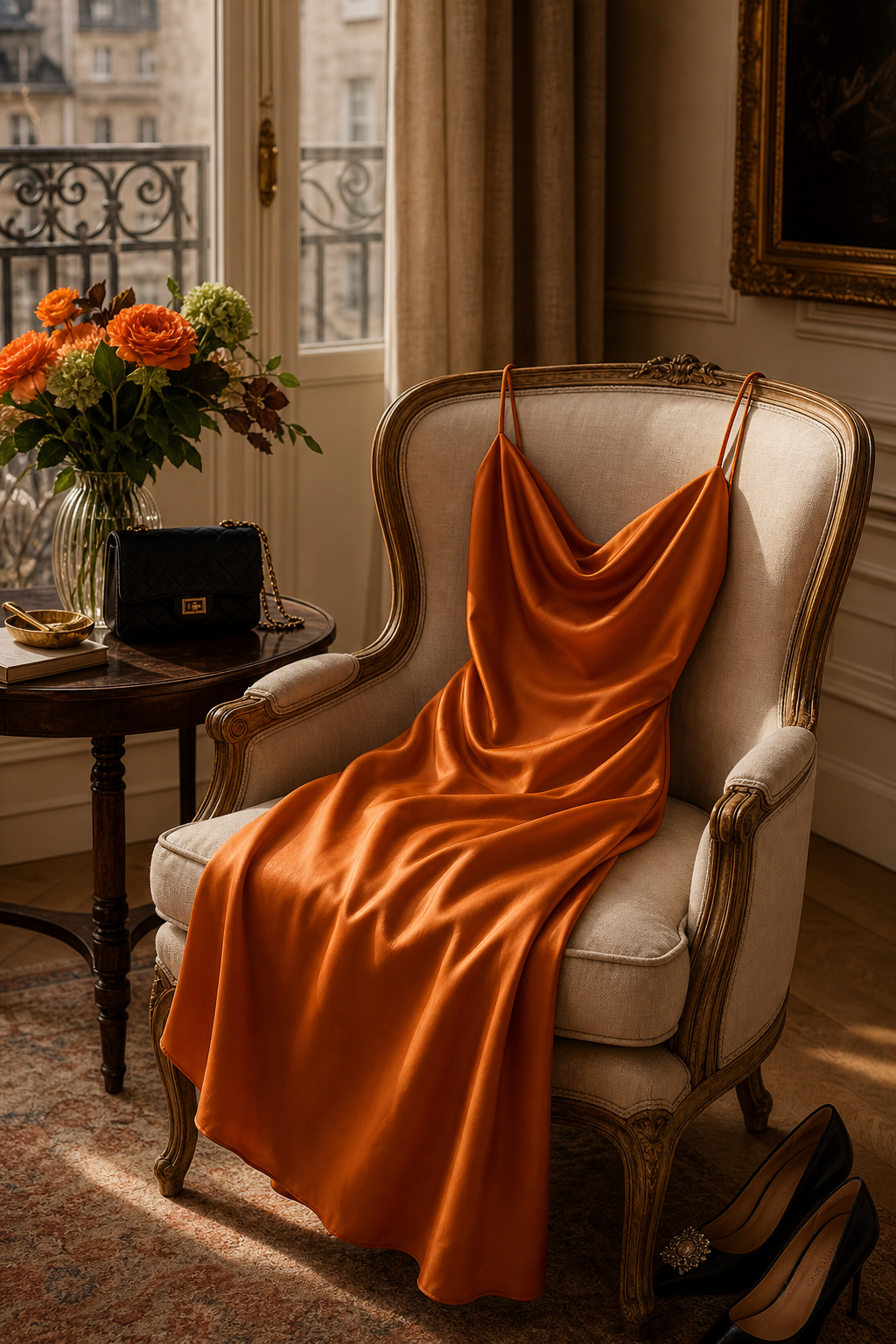 Luxury fashion editorial photograph showing an elegant silk midi dress draped on a vintage upholstered chair in a warmly lit, softly furnished room. Rich amber and cream tones, no human faces, no text overlays, subtle orange accent in a vase of flowers. Premium resale aesthetic. Alt: What is a cocktail dress , a silk midi dress styled for a semi-formal evening event.