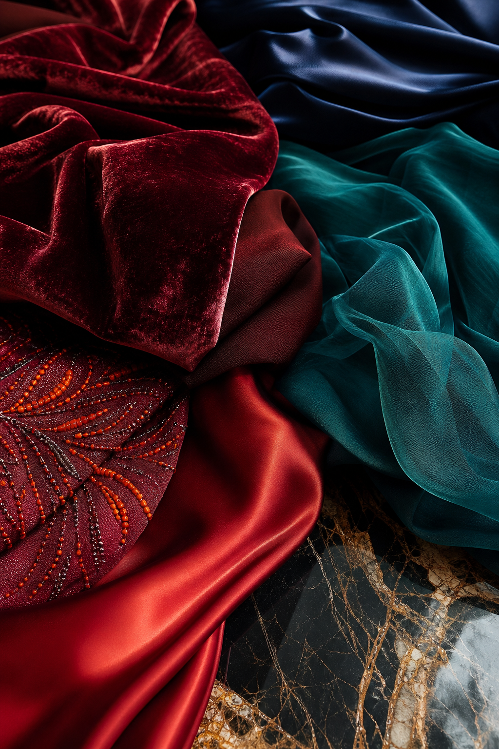 Close-up editorial photograph of luxurious fabric swatches including deep jewel-toned velvet, liquid satin and draped chiffon arranged on a polished marble surface. Rich jewel tones, orange accent thread detail, no text or labels. Sophisticated fashion editorial aesthetic. Alt: Cocktail dress fabrics including velvet, satin and chiffon for semi-formal occasions.