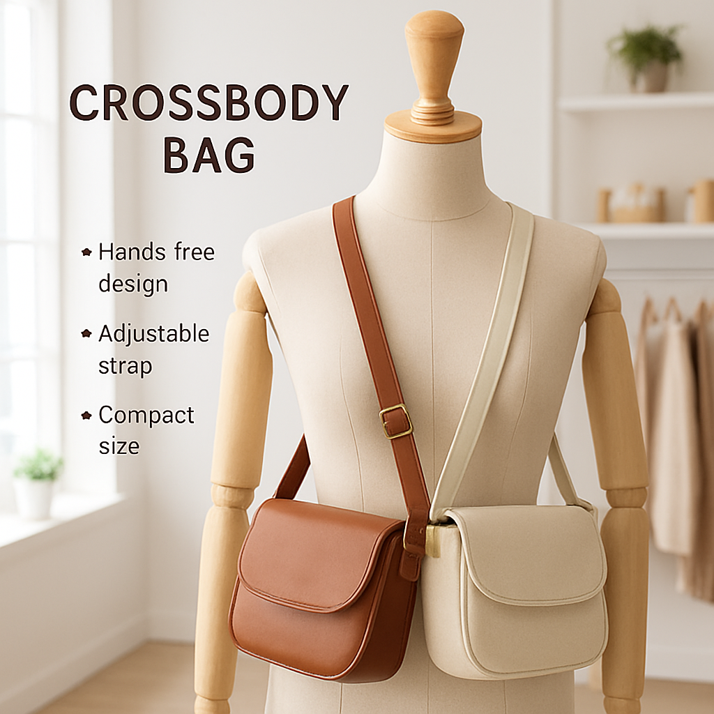 A stylish crossbody bag draped over a mannequin in a bright, modern boutique setting, showcasing both leather and canvas versions. Alt: Crossbody bag definition and key features illustration