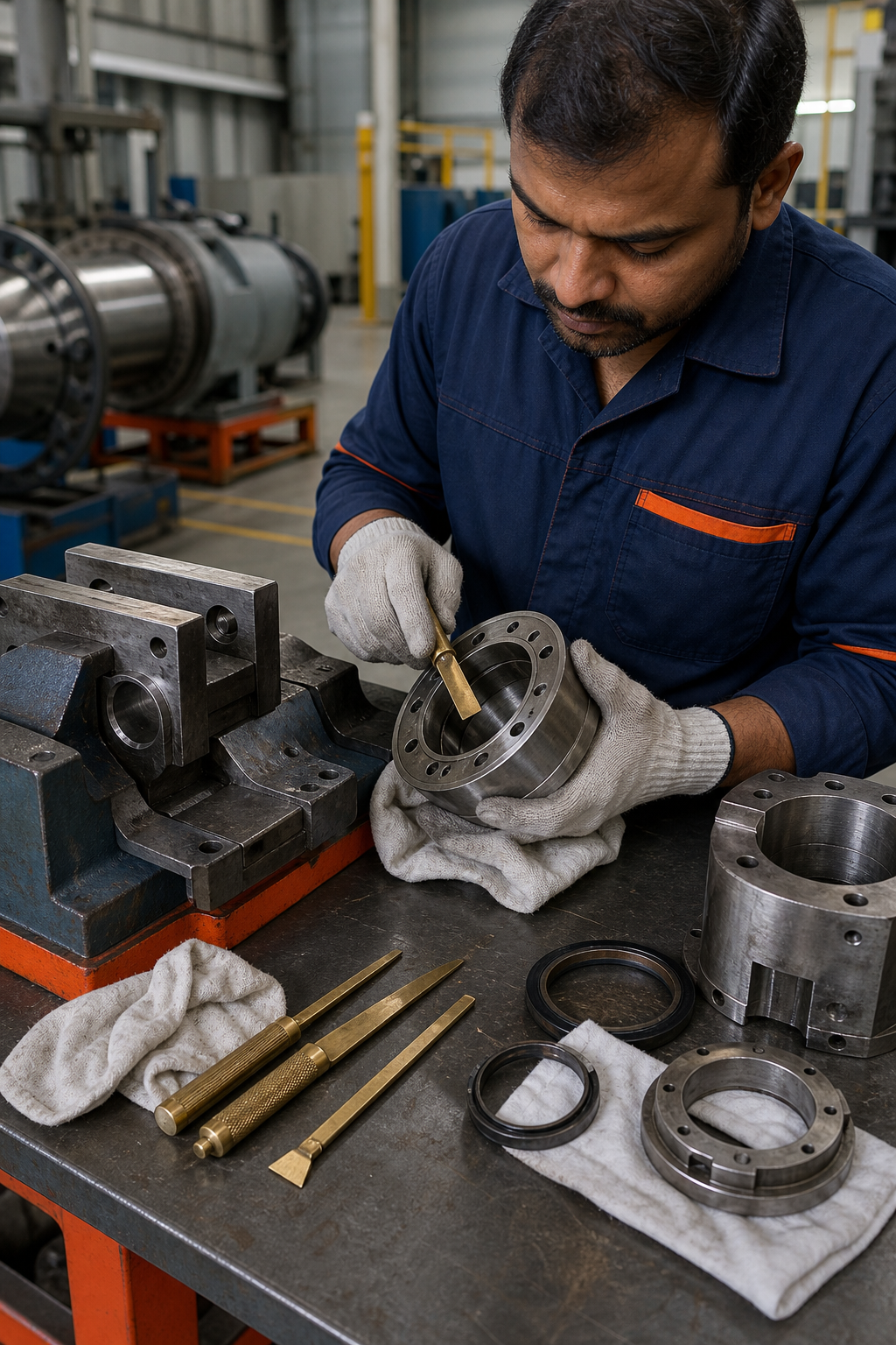 A detailed photorealistic illustration of a crosshead maintenance station, showing a technician using brass scrapers, soft‑jaw vise, and cleaning rags to service the die and sealing rings. Alt: crosshead maintenance workflow
