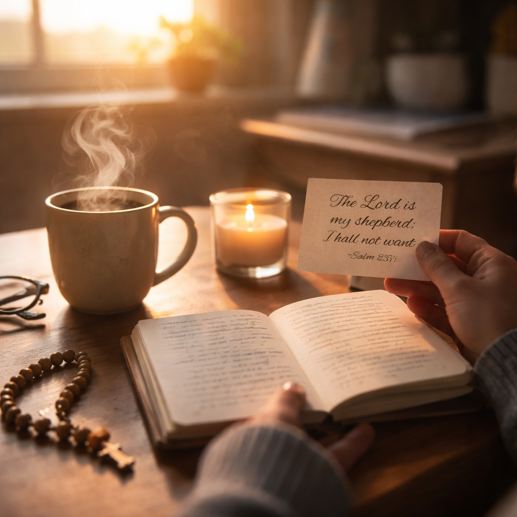 A cinematic, softly lit kitchen scene at sunrise where a person holds a small notebook and a single Bible verse card, steam from a coffee mug swirling, a subtle glow highlighting a prayer bead necklace on the table. Alt: Daily devotion ritual with coffee and notebook, cinematic style.