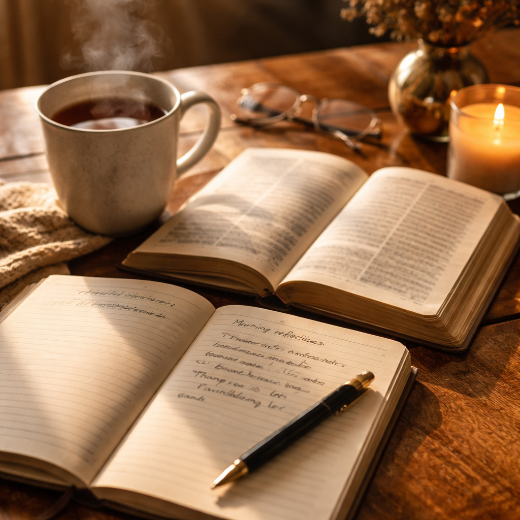 A Cinematic image showing a cozy morning devotional setup: sunlight on a wooden table, an open Bible, a notebook with a hand-written reflection, a pen, and a mug of tea. Alt: Cozy morning devotional setup with Bible, notebook, and tea.