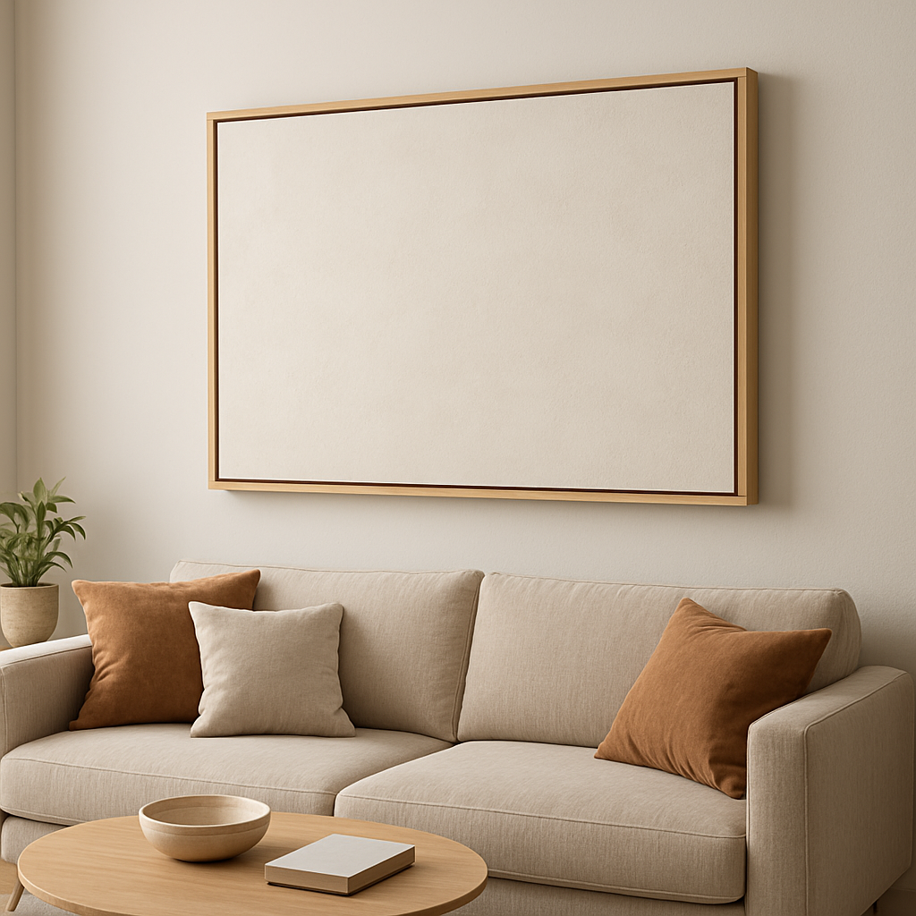 A modern living room with a floating frame canvas on the wall, showing the thin gap and subtle shadow. Alt: floating frame canvas design close-up