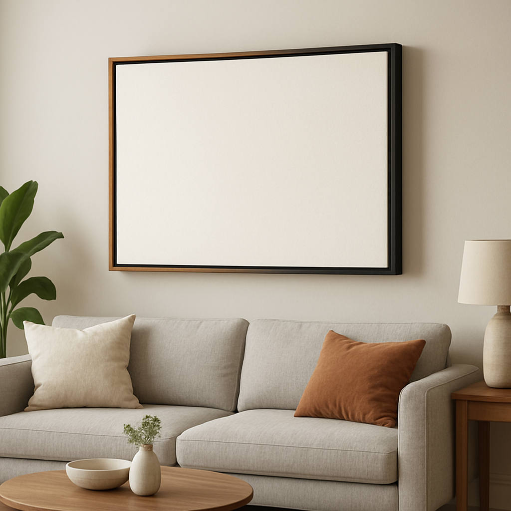 A modern living room wall showcasing a floating frame canvas with a subtle gap, highlighting wood and metal frame options. Alt: floating frame canvas selection guide
