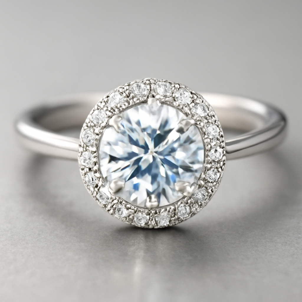 A close‑up of a halo ring set in sterling silver, reflecting light in a studio setting. Alt: Halo ring sparkle