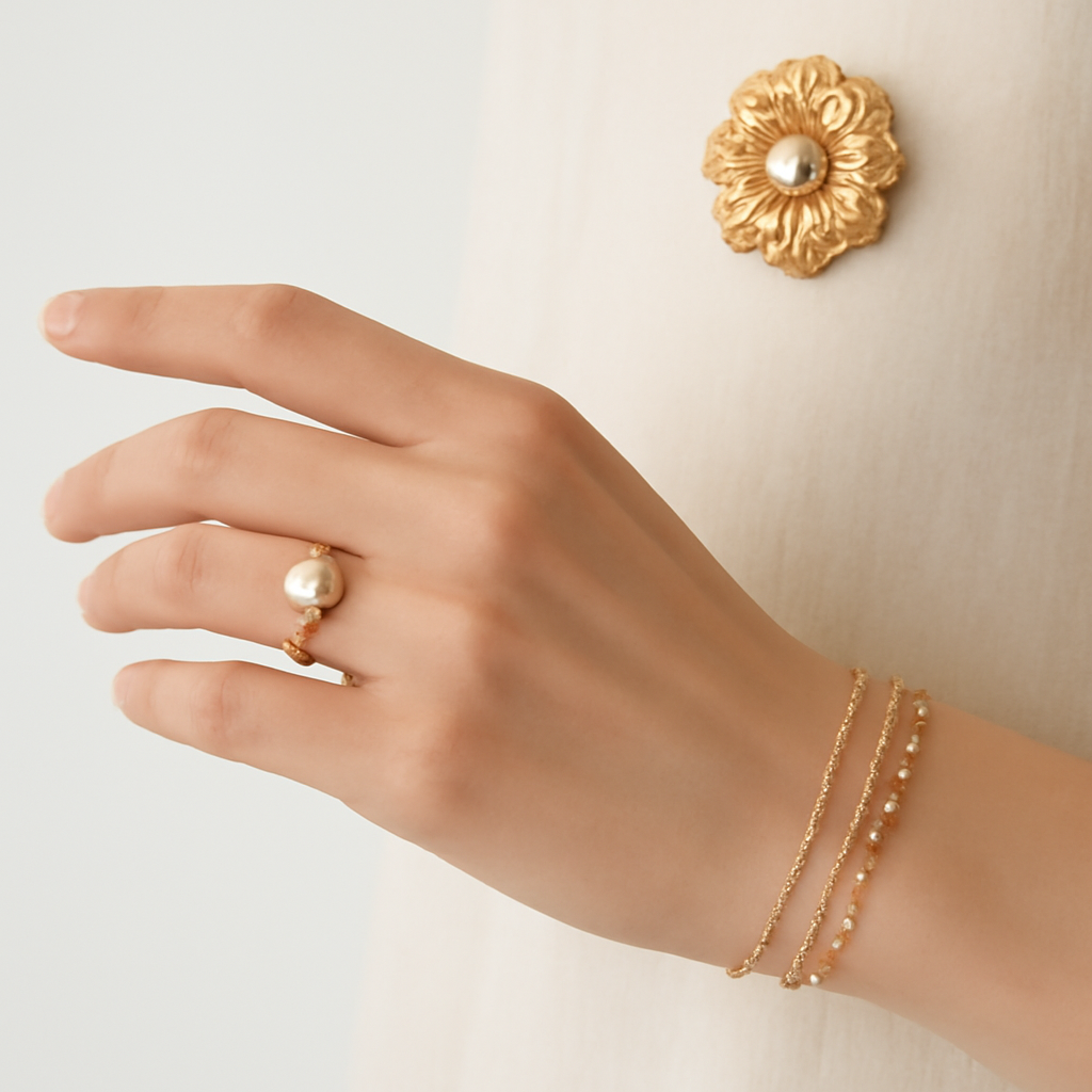 A woman wearing a halo ring with layered delicate bracelets and a statement brooch, all set against a minimalist white background. Alt: Halo ring styling with bracelets and brooch.
