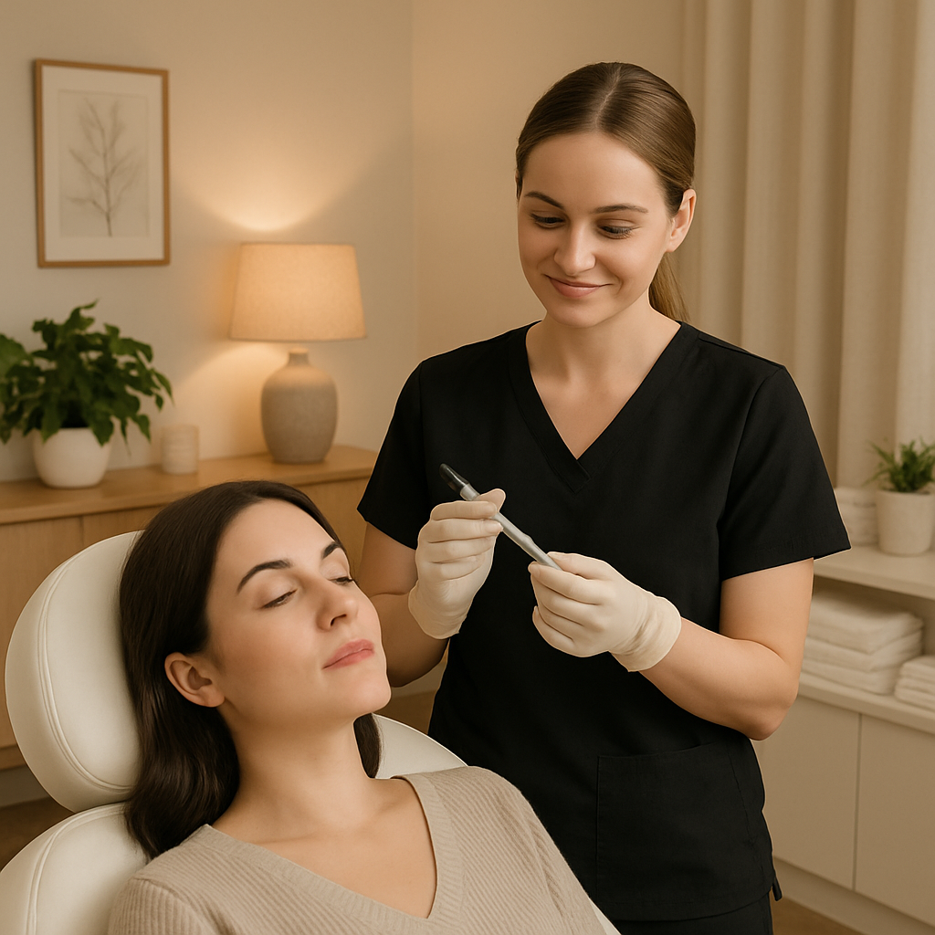 A calm, welcoming medspa treatment room with a skilled injector preparing for a lip flip procedure. Alt: Botox lip flip procedure at a medspa for subtle upper lip enhancement.
