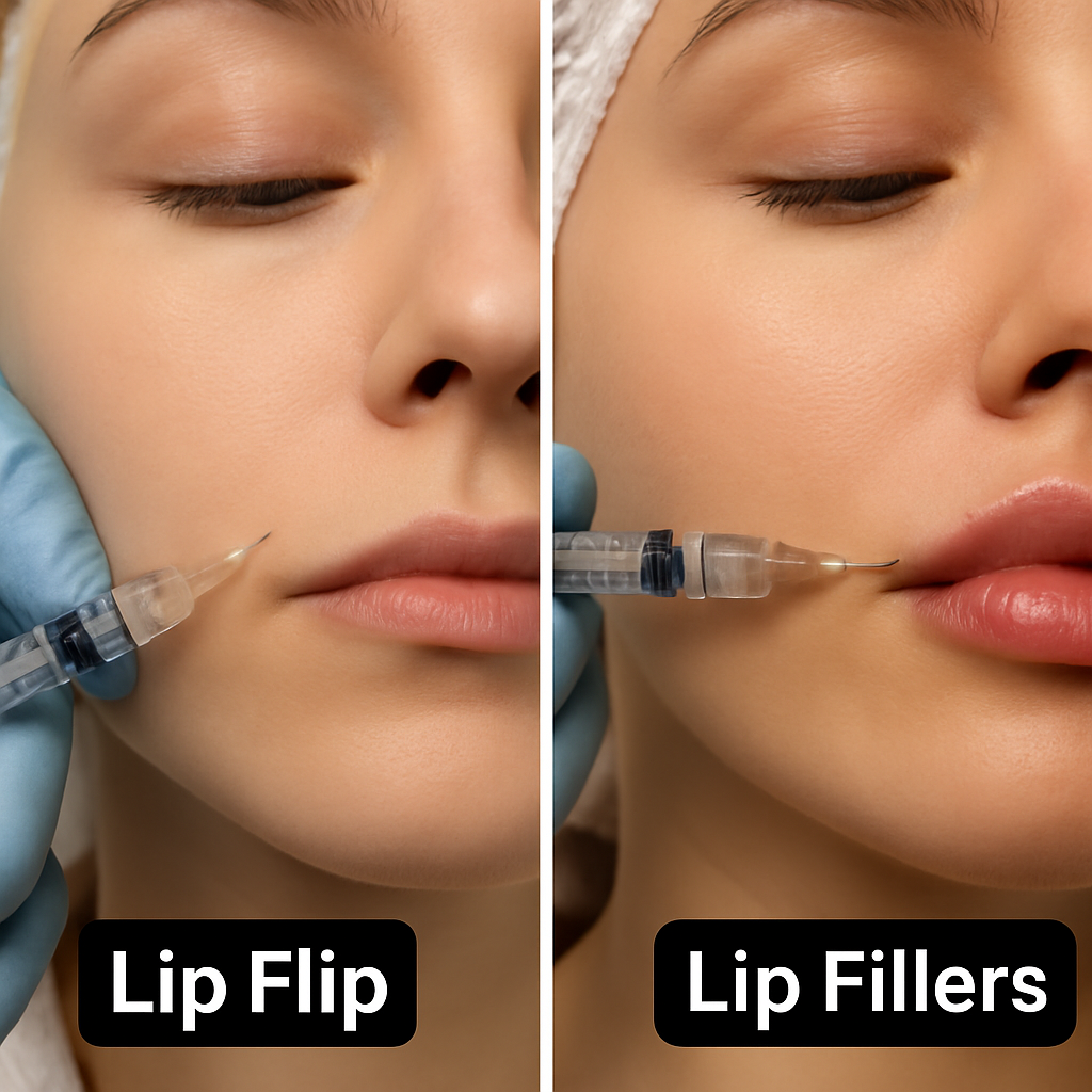 Close-up of a patient receiving a lip flip treatment contrasted side-by-side with a lip filler procedure. Alt: Side-by-side close-up photos comparing lip flip and lip fillers results.