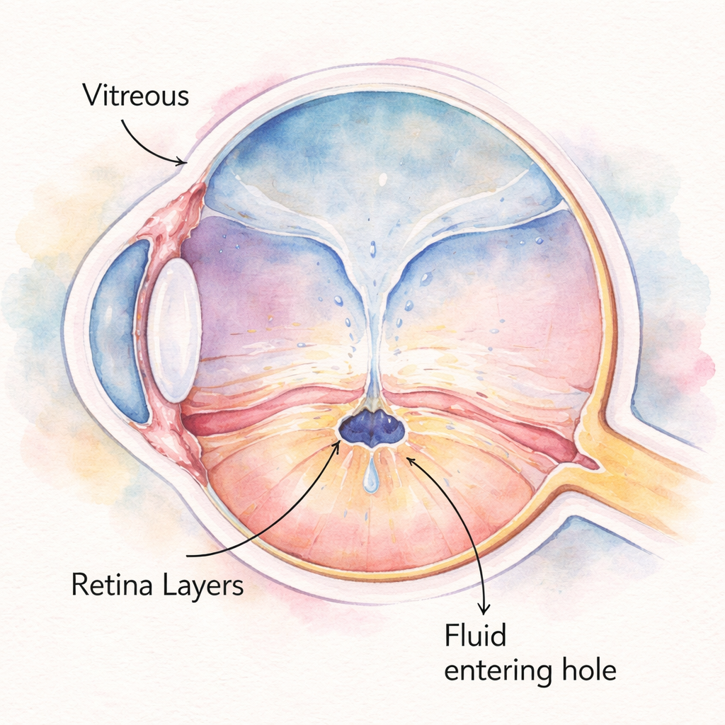 Watercolor painting of a cross‑section of the eye showing the vitreous pulling away from the macula, forming a small central hole. Soft pastel colors, delicate brush strokes, with labels for vitreous, retina layers, and fluid entering the hole. Alt: Illustration of macular hole formation stages in watercolor style.