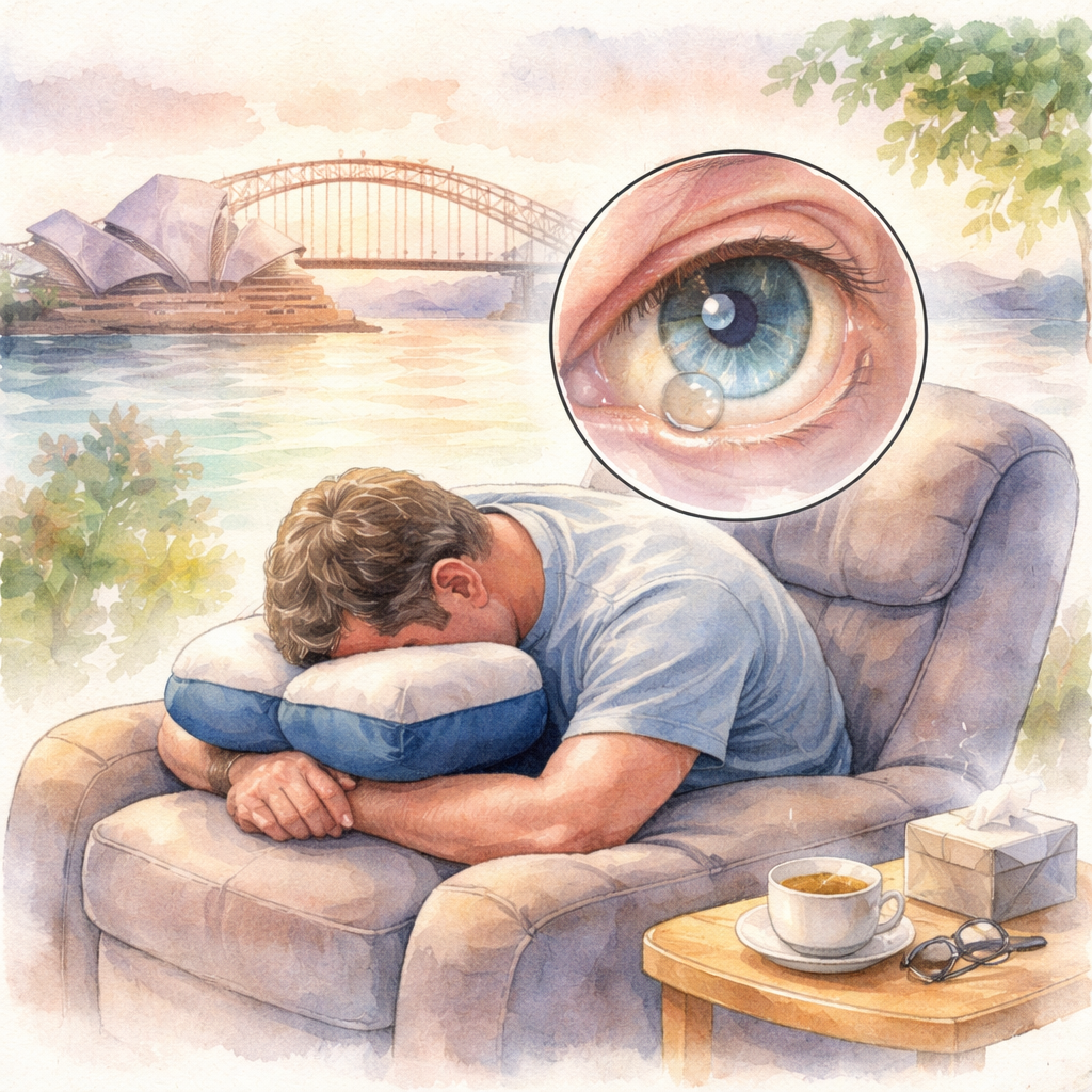 A watercolor painting of a relaxed patient sitting in a recliner, face‑down, with a subtle illustration of a tiny gas bubble inside the eye, surrounded by soft pastel Sydney Harbour silhouettes and a nearby cup of tea, Alt: Recovery after macular hole surgery showing gentle positioning and lifestyle tips