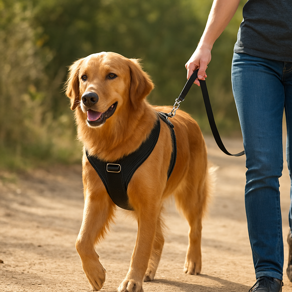 A golden retriever calmly strolling beside its owner in a front‑clip no‑pull harness, the dog’s chest snugly wrapped in a breathable mesh strap. Alt: Golden retriever wearing a no‑pull harness on a sunny trail.