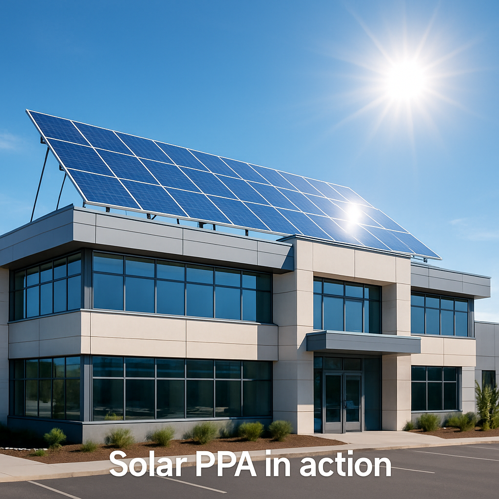 A modern commercial building with solar panels on the roof, bright daylight, showing the sun shining on the panels and a small caption “Solar PPA in action”. Alt: Solar power purchase agreement rooftop installation illustration.