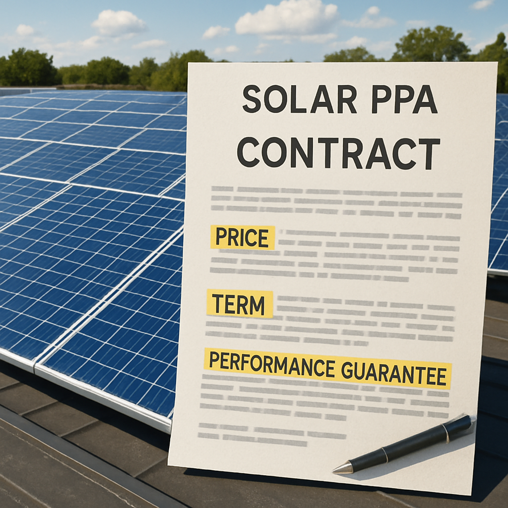 A rooftop solar array with a contract document overlay, showing highlighted clauses like price, term, and performance guarantee. Alt: Solar PPA contract components illustration.